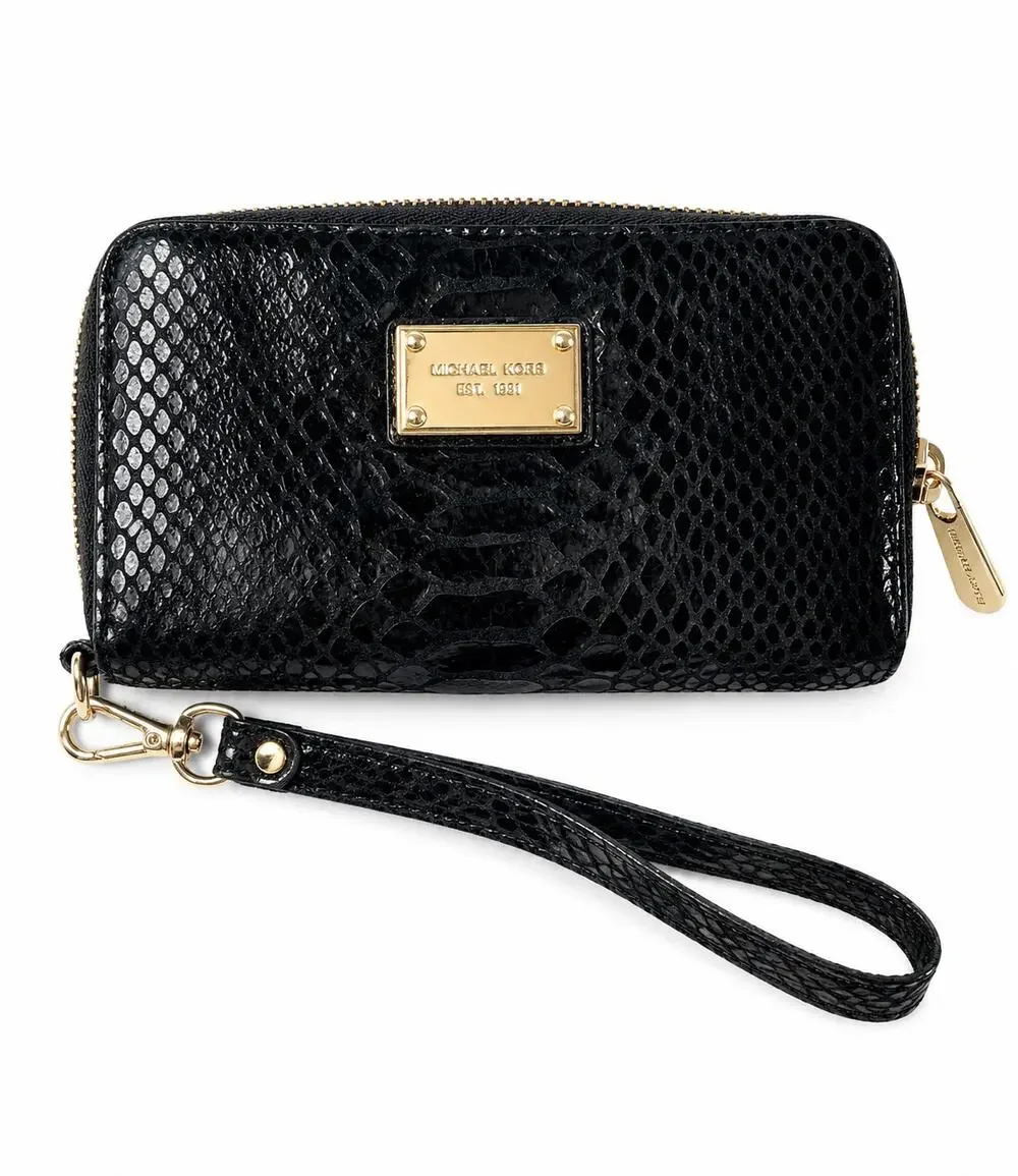 Michael Kors Black Snakeskin Embossed Zip Around Wristlet Wallet